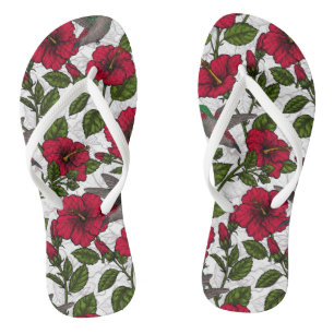 Hibiscus flowers and hummingbirds flip flops