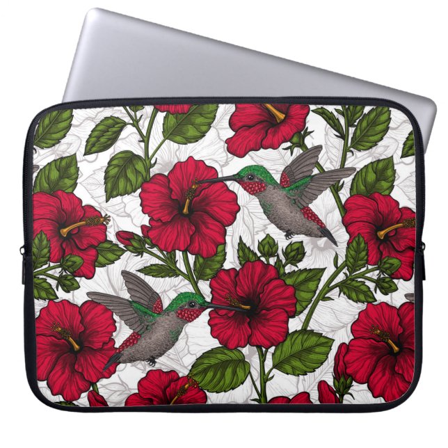 Hibiscus flowers and hummingbirds laptop sleeve (Front)