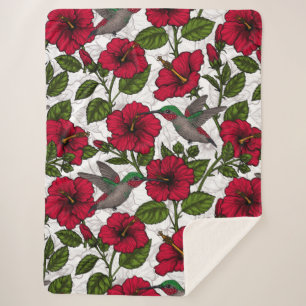 Hibiscus flowers and hummingbirds sherpa blanket