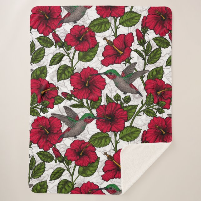 Hibiscus flowers and hummingbirds sherpa blanket (Front)