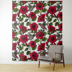 Hibiscus flowers and hummingbirds tapestry