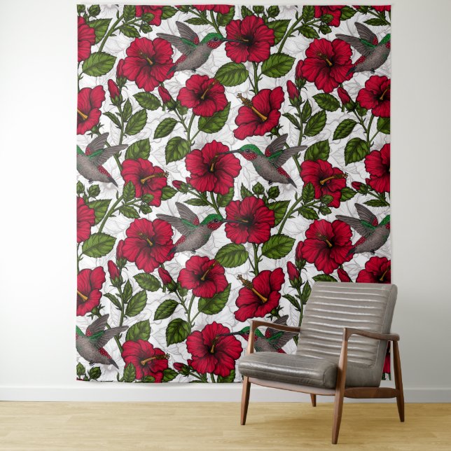 Hibiscus flowers and hummingbirds tapestry (In Situ)