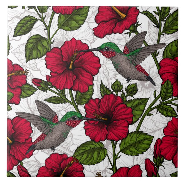 Hibiscus flowers and hummingbirds tile (Front)