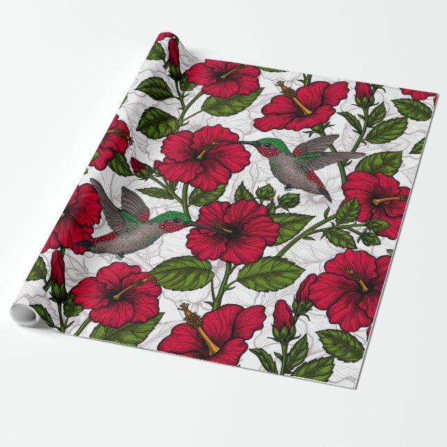 Hibiscus flowers and hummingbirds wrapping paper (Unrolled)