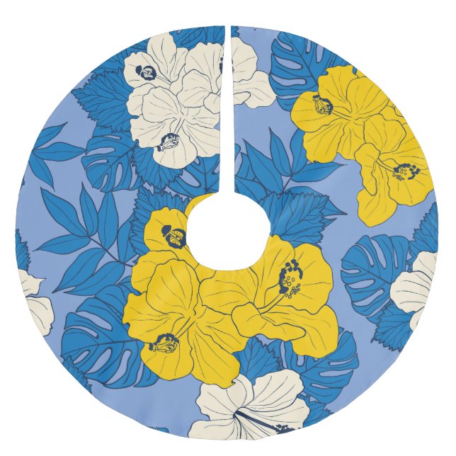 Hibiscus flowers and leaves  brushed polyester tree skirt (Front)