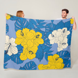 Hibiscus flowers and leaves fleece blanket