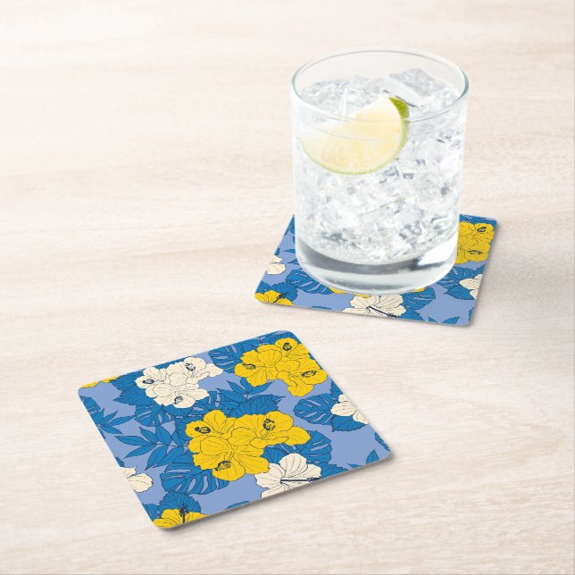 Hibiscus flowers and leaves  square paper coaster (Insitu)