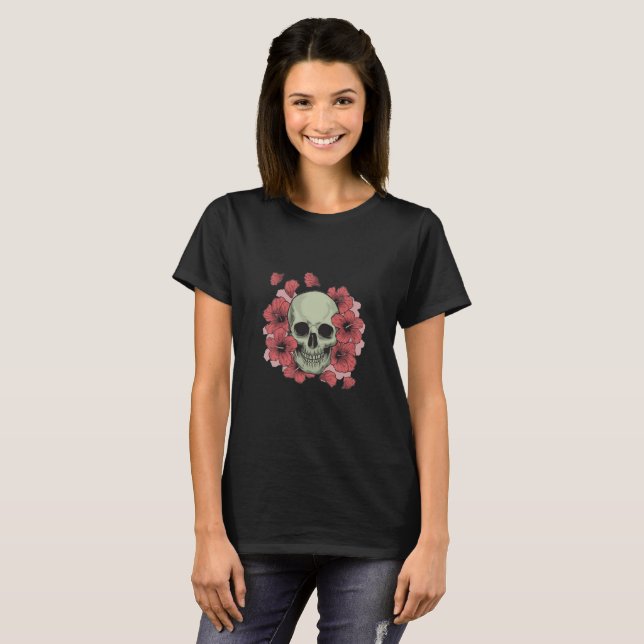 Hibiscus Flowers and Skull T-Shirt (Front Full)