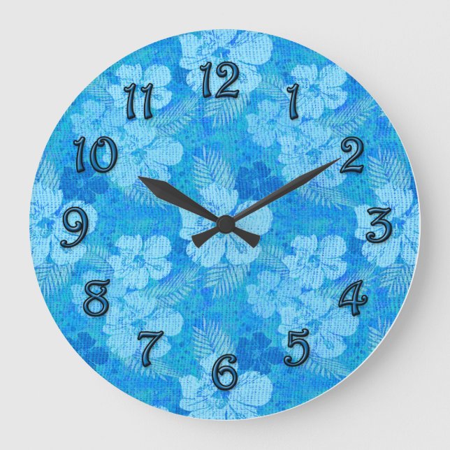Hibiscus Flowers Blue Batik Look Large Clock (Front)