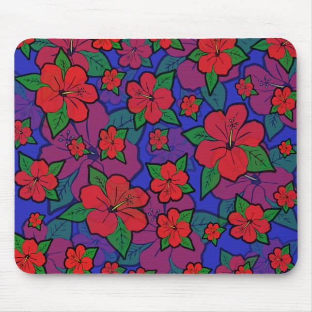 Hibiscus Flowers Blue Mouse Mat (Front)