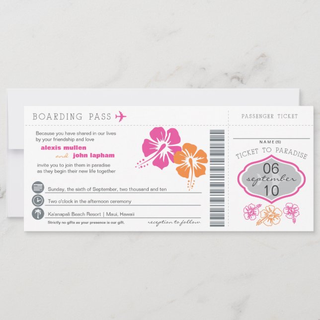 Hibiscus Flowers Boarding Pass Wedding Invitation (Front)