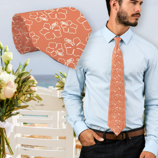 Hibiscus Flowers Dark Coral Pattern Neck Tie