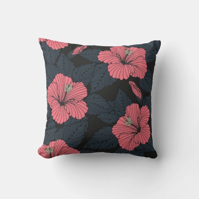 Hibiscus flowers: dark seamless wallpaper. cushion (Front)