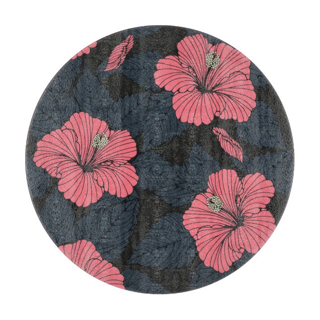 Hibiscus flowers: dark seamless wallpaper. cutting board (Front)