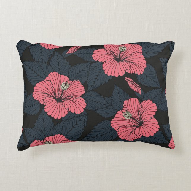 Hibiscus flowers: dark seamless wallpaper. decorative cushion (Front)