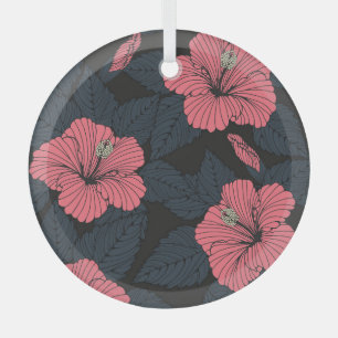 Hibiscus flowers: dark seamless wallpaper. glass tree decoration