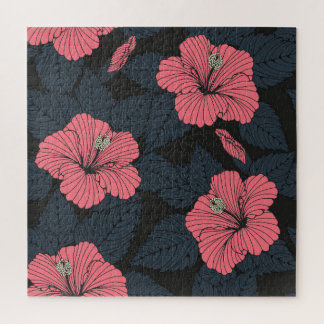 Hibiscus flowers: dark seamless wallpaper. jigsaw puzzle