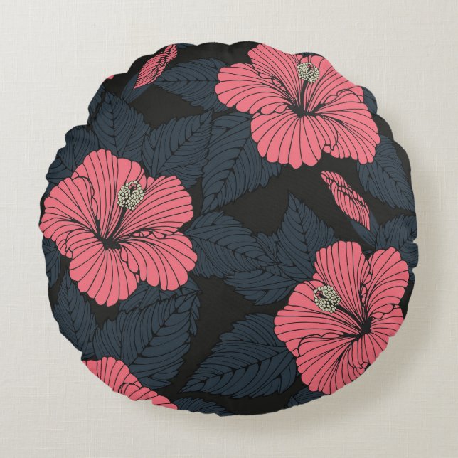 Hibiscus flowers: dark seamless wallpaper. round cushion (Front)