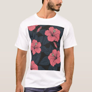 Hibiscus flowers: dark seamless wallpaper. T-Shirt