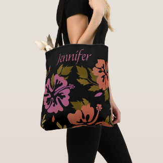 Hibiscus Flowers Hawaiian design pink peach name  Tote Bag
