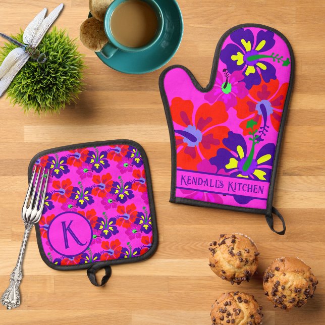 Hibiscus Flowers Hot Pink Personalised Oven Mitt & Pot Holder Set (Creator Uploaded)