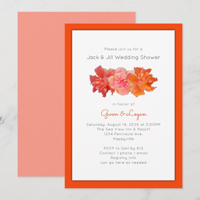 Hibiscus Flowers Orange Wedding Shower Invitation (Front/Back)