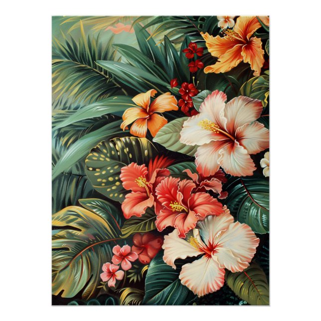 Hibiscus Flowers Palm Fronds Tropical Decoupage Poster (Front)