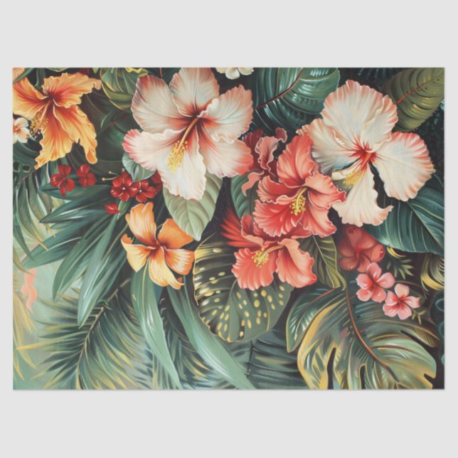Hibiscus Flowers Palm Fronds Tropical Decoupage Tissue Paper (Front)