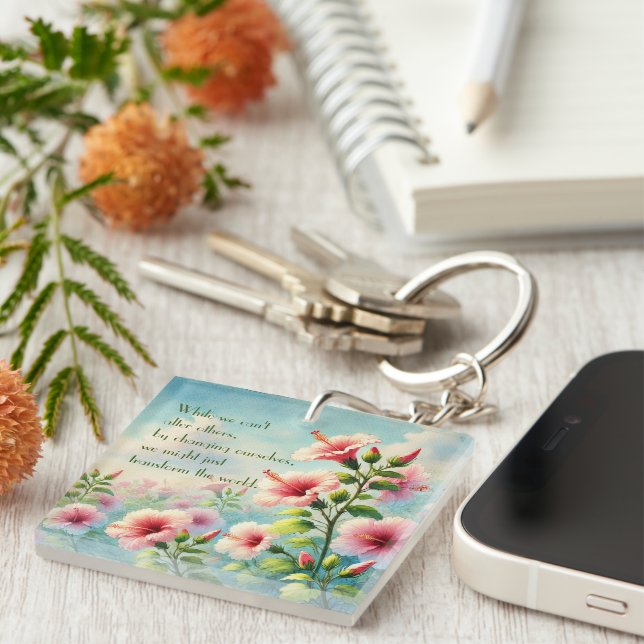 Hibiscus Flowers & Quote	 Key Ring (Front Right)