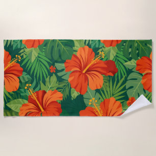 Hibiscus Flowers Red Orange Green Jungle Foliage Beach Towel