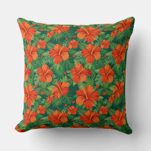 Hibiscus Flowers Red Orange Green Jungle Foliage Cushion
