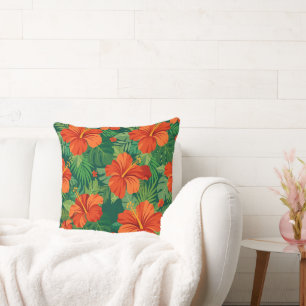 Hibiscus Flowers Red Orange Green Jungle Foliage Cushion