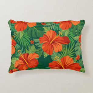 Hibiscus Flowers Red Orange Green Jungle Foliage Decorative Cushion