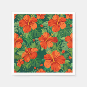 Hibiscus Flowers Red Orange Green Jungle Foliage  Napkin