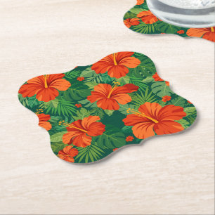 Hibiscus Flowers Red Orange Green Jungle Foliage Paper Coaster