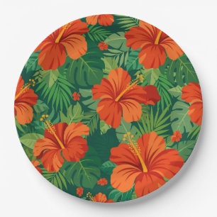 Hibiscus Flowers Red Orange Green Jungle Foliage  Paper Plate