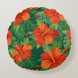 Hibiscus Flowers Red Orange Green Jungle Foliage Round Cushion