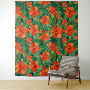 Hibiscus Flowers Red Orange Green Jungle Foliage Tapestry