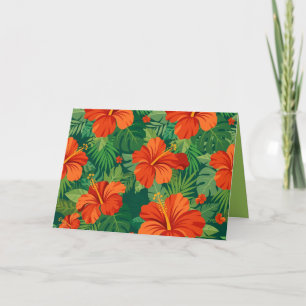 Hibiscus Flowers Red Orange Green Jungle Foliage Thank You Card