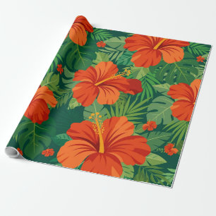 Hibiscus Flowers Red Orange Green Jungle Foliage Wrapping Paper