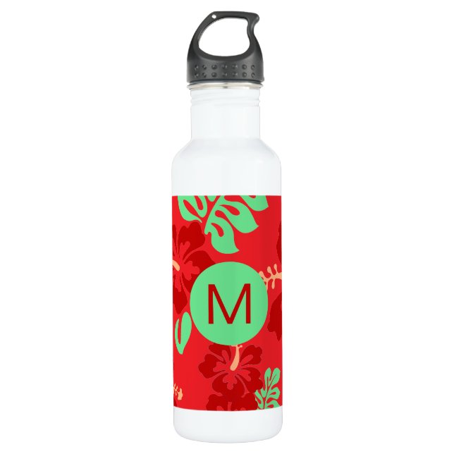 Hibiscus Flowers Red Troical Pattern Monogram 710 Ml Water Bottle (Front)