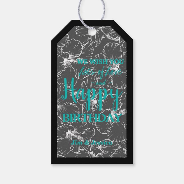 Hibiscus Flowers Sketch Black Gift Tags (Front)