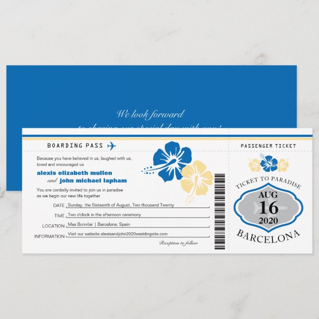 Hibiscus Flowers Spain Boarding Pass Wedding Invitation (Front/Back)