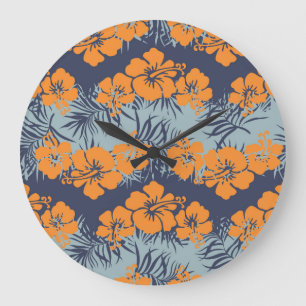 Hibiscus Flowers: Vintage Floral Wallpaper Large Clock