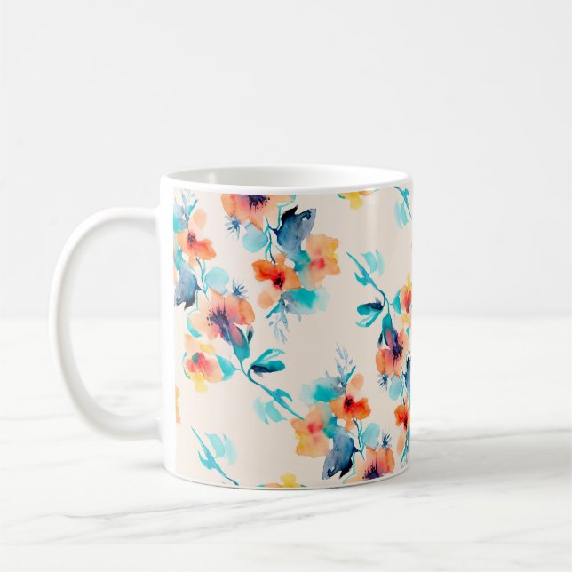 Hibiscus flowers watercolor illustration pattern coffee mug (Left)