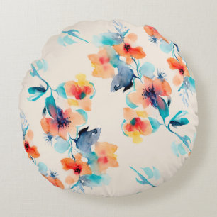 Hibiscus Flowers: Watercolor Illustration Pattern Round Cushion
