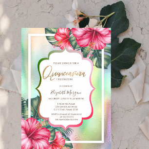 Hibiscus Frame Holographic Quinceanera Invitation