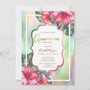 Hibiscus Frame Holographic Quinceanera Invitation