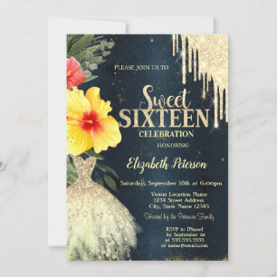 Hibiscus Gold Drips,Dress Dark Blue Sweet 16 Invitation