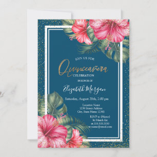 Hibiscus,Graduation Cap Blue Quinceañera Invitation